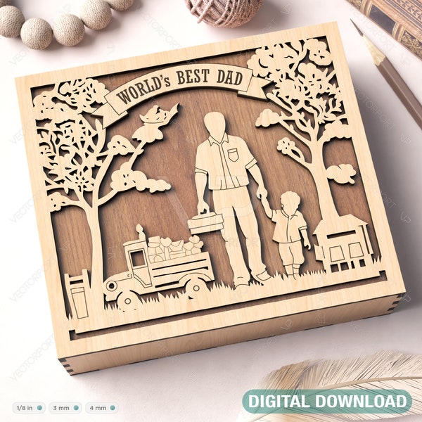 Father's Day engraved Gift Box – Dad and Son Themed laser cut SVG Template, Card Case Favor Box Digital Downloads |#379|