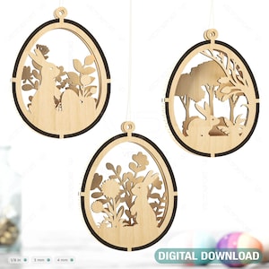 3D Pâques découpé au laser ornements suspendus oeuf lapins SVG décor en couches, lapin floral multicouche téléchargement numérique | # 357|