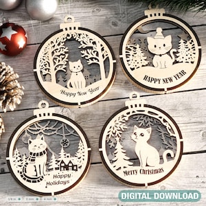 Cat Theme New Year Theme 3D Christmas Ornament Set Tree Decorations Craft Hanging Bauble Snowy Scene Pup Laser Cut Digital Download |#508|