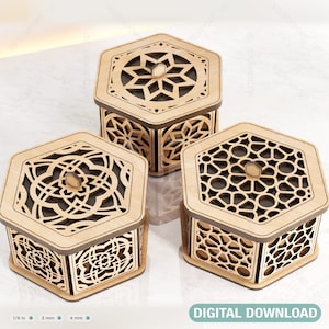 Caja de regalo de madera decorativa hexagonal Corte láser Favor de boda corte láser joyero caja madera contrachapada Archivos de corte Descarga digital /#080/