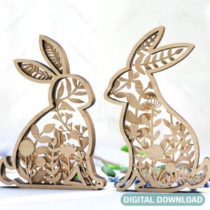 Fichiers de Pâques découpés au laser SVG lapins en couches, téléchargement numérique multicouche Floral Bunny |#187|