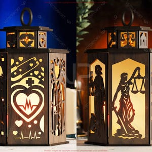 May include: Two wooden lanterns with intricate cut-out designs. One features medical symbols like a heart with a heartbeat line, a cross, and hearts. The other depicts the scales of justice and a figure holding a sword. Each lantern has a metal ring at the top.