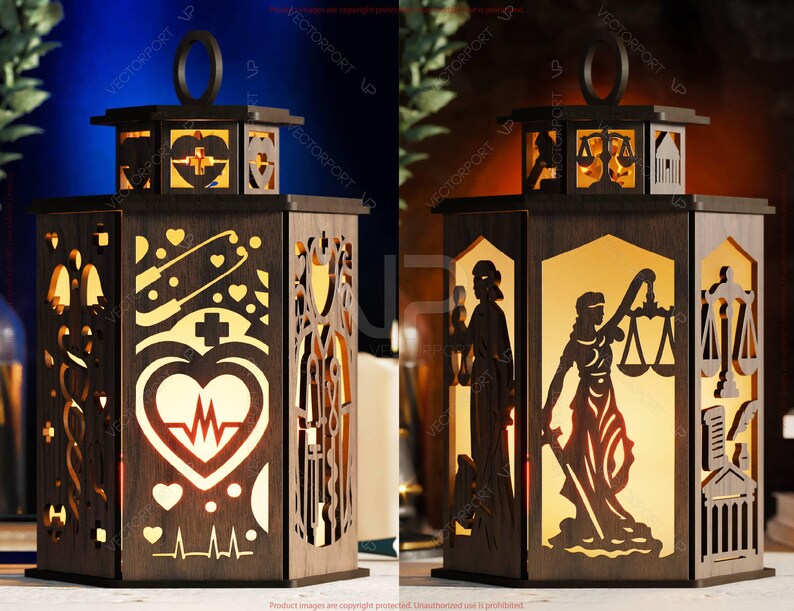 May include: Two wooden lanterns with intricate cut-out designs. One features medical symbols like a heart with a heartbeat line, a cross, and hearts. The other depicts the scales of justice and a figure holding a sword. Each lantern has a metal ring at the top.