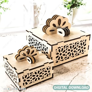 Linda caja de regalo con cinta decorativa de madera corte láser caja de joyería boda amor anillo caja vector modelo Descarga digital /#154/