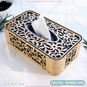 May include: A rectangular wooden tissue box with intricate floral cutouts. The box has a light brown finish with a dark interior, and white tissues are visible. The words "DIGITAL DOWNLOAD" are at the bottom.