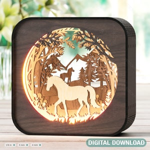 Paardsilhouet Bosgloed: Lasergesneden LED-lamp Rechthoek Nachtlamp Bosscène SVG | Digitale download |#406|