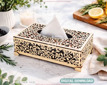 Laser Cut Wooden Tissue Box with Leaf Pattern | Decorative Wooden Tissue Holder | Napkin Dispenser | Digital Download |#690|