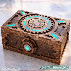May include: A wooden box with intricate gear and star designs, accented with brass studs and glowing blue lights. The box features a circular design on the lid and a smaller circular element on the front. The words "DIGITAL DOWNLOAD" are visible.
