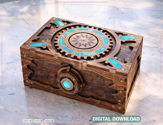 Fantasy Mechanical Wooden Puzzle Box SVG | Laser Cut Steampunk Box Design Decorative Gear Chest Digital Download |#691|