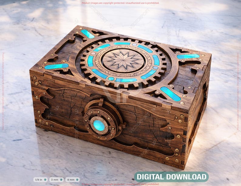 K&ouml;nnte beinhalten: Eine Holzkiste mit aufwendigen Zahnrad- und Sterndesigns, akzentuiert mit Messingnieten und leuchtenden blauen Lichtern. Die Kiste hat ein kreisf&ouml;rmiges Design auf dem Deckel und ein kleineres kreisf&ouml;rmiges Element auf der Vorderseite. Der Text "DIGITAL DOWNLOAD" ist sichtbar.