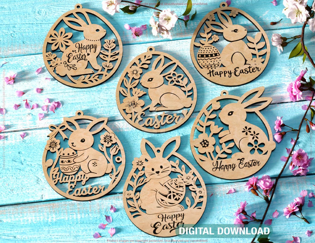 Easter Bunny Egg Ornaments Laser Cut Engraved Floral Rabbit Design ...