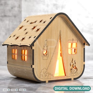 Lámpara de noche con forma de tienda de campaña de madera, corte láser, pantalla para lámpara de camping, candelabro de mesa, descarga digital SVG /#258/