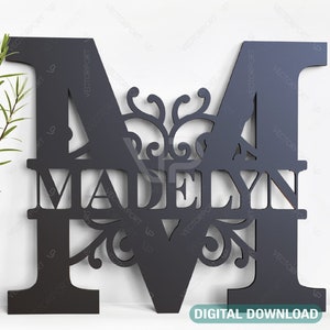 Letras del alfabeto con monograma real dividido floral, Letrero de nombre cortado con láser, Plantilla personalizada personalizable, Descarga digital /#153/