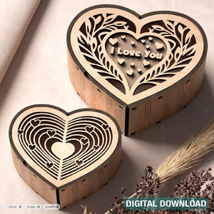 Boîte cadeau en bois découpée au laser en forme de coeur pour la Saint-Valentin, étui à bijoux, boîte de mariage romantique en téléchargement numérique |#364|