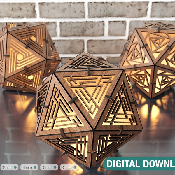 Ikosaeder 3 Verschiedene Muster Holz Dreieck Schatten Lampe Teelicht Kerzenhalter Digital Download SVG |#244|