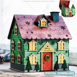 3D Wooden Christmas House Gift Box | Multi-Use Laser Cut File – Money Box, Light Holder, Holiday Décor Digital Download |#657|