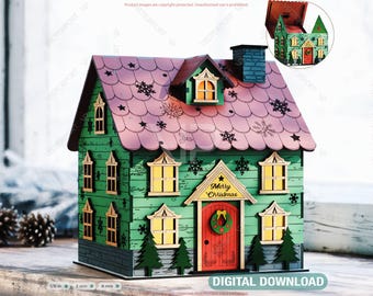 3D Wooden Christmas House Gift Box | Multi-Use Laser Cut File – Money Box, Light Holder, Holiday Décor Digital Download |#657|