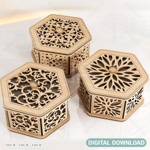 Caja de regalo de madera decorativa hexagonal, corte láser, recuerdo de boda, caja de joyero cortada con láser, archivos de corte de madera contrachapada, Descarga digital /#079/