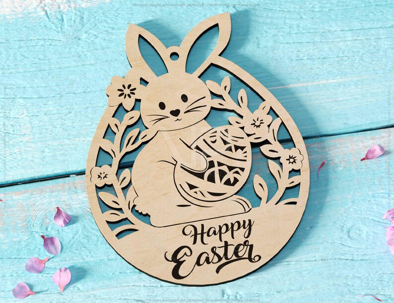Easter Bunny Egg Ornaments Laser Cut Engraved Floral Rabbit Design ...