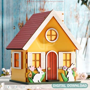 Casa caprichosa com tema de pastelaria em miniatura cortada a laser - Casa de primavera - Casa de campo com jardim, flores e coelho Download digital |#554|