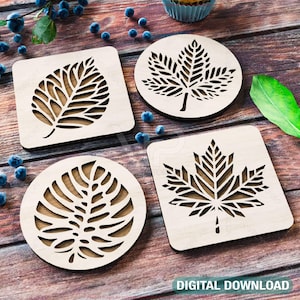 Porta-copos cortados a laser em formato de folha: elegantes porta-copos de madeira com design inspirado na natureza – Download digital |#548|