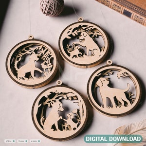 Escena del perro Bauble Adornos Bolas Decoraciones de árboles Artesanía Colgante Perro Silueta Escena del bosque corte láser Descarga digital /#418/