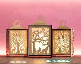 Candle Holder Laser Cut Tree & Animals Lamp wood Tea light Lantern Votive Gift Digital Download |#213|