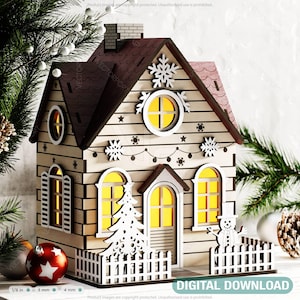 Villaggio di Natale con albero e pupazzo di neve: casa in miniatura del paese delle meraviglie invernali - scena innevata con taglio laser download digitale /#496/