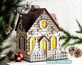 Christmas Village with Tree and Snowman: Winter Wonderland Miniature House - Snowy Scene Laser Cutting Digital Download |#496|