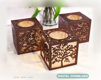Tree Flowers Candle Holder Laser Cut with leaves Lamp wood Tea light Lantern Votive Gift SVG Digital Download |#085|