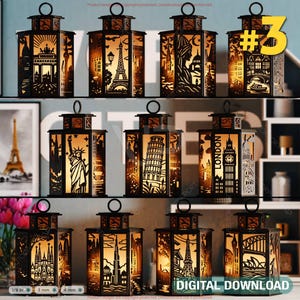 May include: A collection of black metal lanterns with intricate cut-out designs depicting famous landmarks. The lanterns are illuminated, showcasing the architectural details. The image includes the text "DIGITAL DOWNLOAD".