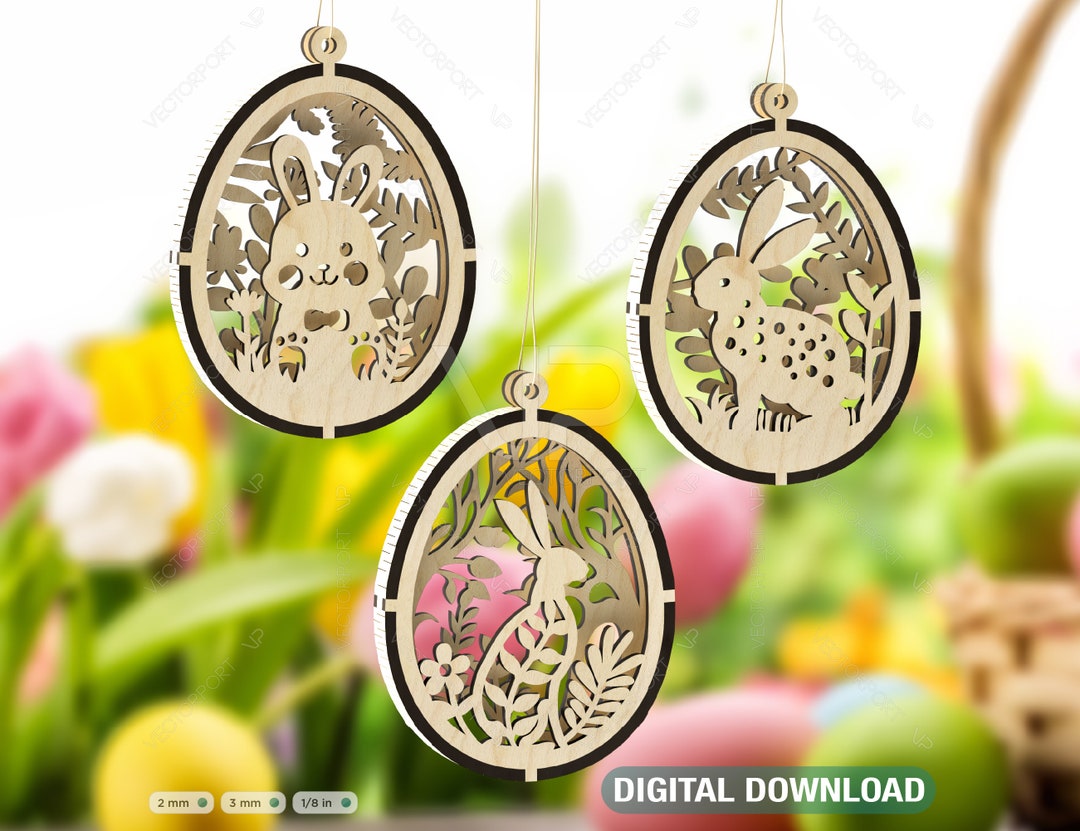 3D Easter Laser Cut Hanging Ornaments Egg Rabbits SVG Layered Decor ...