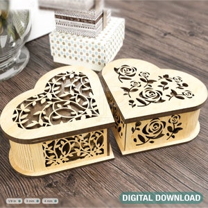 Modelo de caixa de corte a laser de joias em forma de coração de madeira Modelo de vetor de história de amor de casamento Arquivo de corte de caixa de joias Download digital | SVG, DXF |#131|
