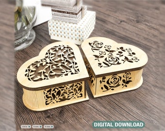 Modelo de caixa de corte a laser de joias em forma de coração de madeira Modelo de vetor de história de amor de casamento Arquivo de corte de caixa de joias Download digital | SVG, DXF |#131|