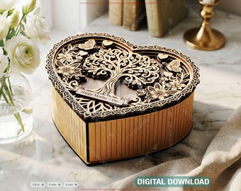 Personalized Heart Shaped Box SVG – Layered Laser Cut Gift Box – Floral Tree Keepsake Box Digital Download |#713|