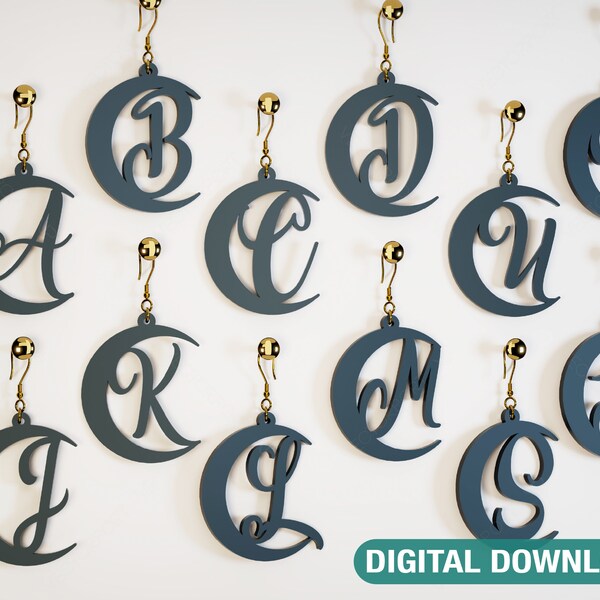 Boucles d'oreilles alphabet croissant de lune artisanat bijoux pendentifs ensemble goutte boucles d'oreilles découpées au laser modèle SVG Silhouette fichiers coupés en téléchargement numérique | #017|