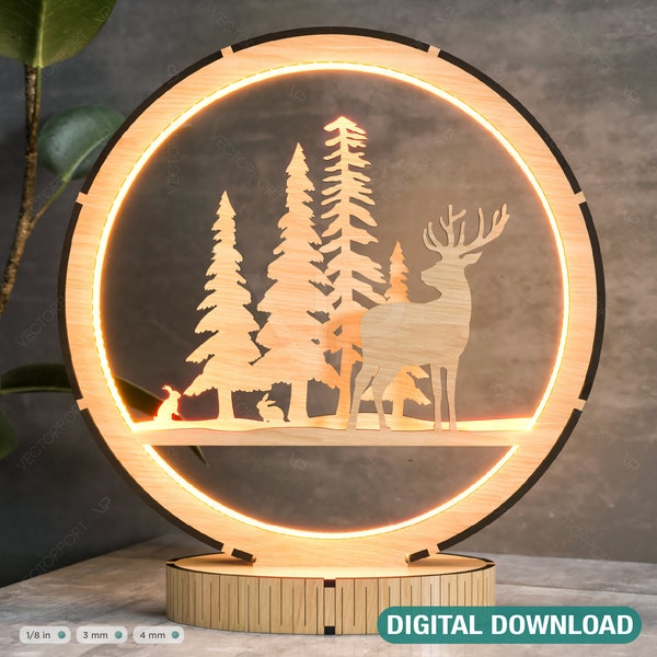 Snowy Scene Deer 3D Led Light Laser Cut Night Lamp Round Modern Bedside Table Lamp Digital Download |#256|