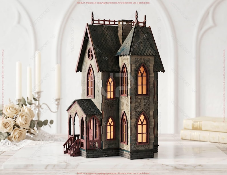 May include: A detailed miniature haunted house with a dark gray roof, arched windows, and a small porch. The house has a stone-like texture with red trim and illuminated windows, creating a spooky ambiance. The house is a decorative item.