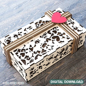 Valentinstag Geschenkbox mit Band Dekorative Holz Laser geschnitten Schmuckschatulle Hochzeit Liebe Vektormodell Digital Download |#163|