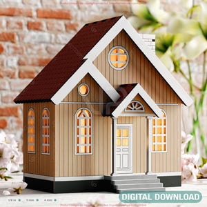Casa de madeira – Vila de casa em miniatura DIY modelo 3D com janelas brilhantes, perfeita para decoração de casa e presentes Download digital cortado a laser |#561|