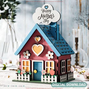 Bewolkt miniatuur Spring House Village - tuinhuisje met bloesems en natuurscène Aanpasbare tekst Lasersnijden Digitale download |#550|