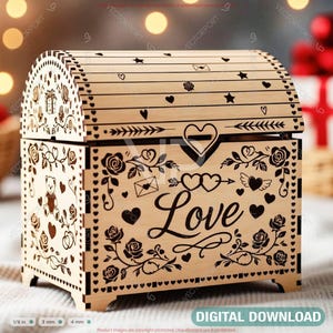 May include: A wooden chest with a hinged lid, intricately carved with hearts, roses, stars, and the word "Love." The chest features a teddy bear and gift box design. The chest is 1/8 inch thick, 3 mm wide, and 4 mm high.