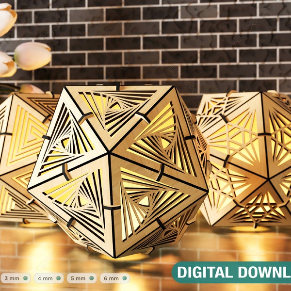Icosahedron 3 Different Pattern wood triangle shadow lamp Tea Lantern Candle Holder Digital Download SVG |#245|