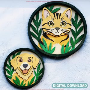 Motif superposé chat et chien | Animal rond 3D SVG | Téléchargement numérique Shadow Box découpé au laser |#595|