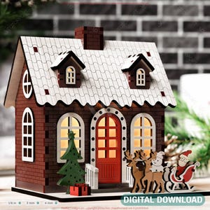 Villaggio di Natale in miniatura Casa innevata Paese delle meraviglie invernale con slitta di Babbo Natale Renne Scena di Capodanno Taglio laser Download digitale /#518/