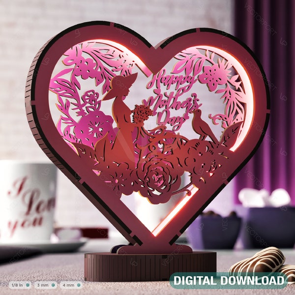 Harmony of Hearts: Artistic Table Lamp for Mother's Day 3D Led Light Laser Cut Night Lamp Heart shape Bedside Lamp Digital Download |#371|