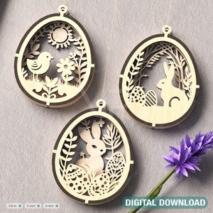 Ornamentos para pendurar ovos de Páscoa, coelhos de ovos cortados a laser, decoração em camadas SVG, coelhinho floral multicamadas Download digital |#366|