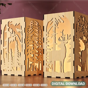 Kaarshouder Lasergesneden multiplex Theelicht Winter Besneeuwd Bos met Herten Lantaarn Votief Cadeau Houten Lantaarn Digitale Download SVG |#240|