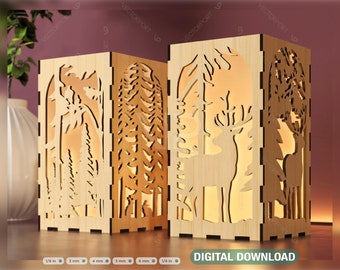 Candle Holder Laser Cut plywood Tea light Winter Snowy Forest with Deer Lantern Votive Gift  Wooden Lantern Digital Download SVG |#240|