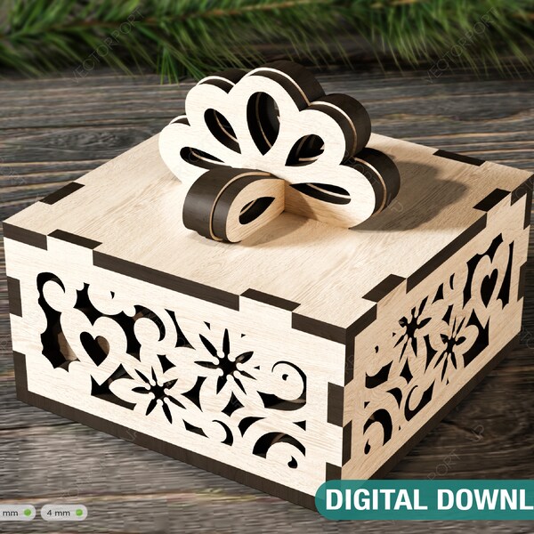 Cute Gift Box with Ribbon Decorative Wooden laser cut jeweler case Wedding Love Ring box vector model Digital Download |#149|